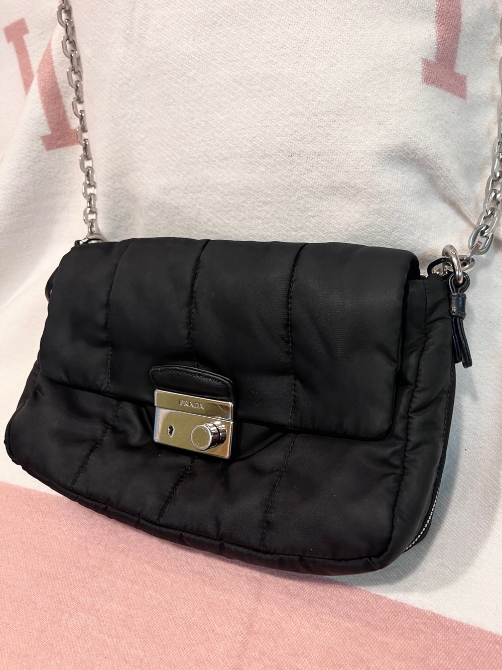 PRADA!⭐️Black Quilted Tessuto/leather Bomber Bag! Crossbody Bag with Silver! - Picture 4 of 16